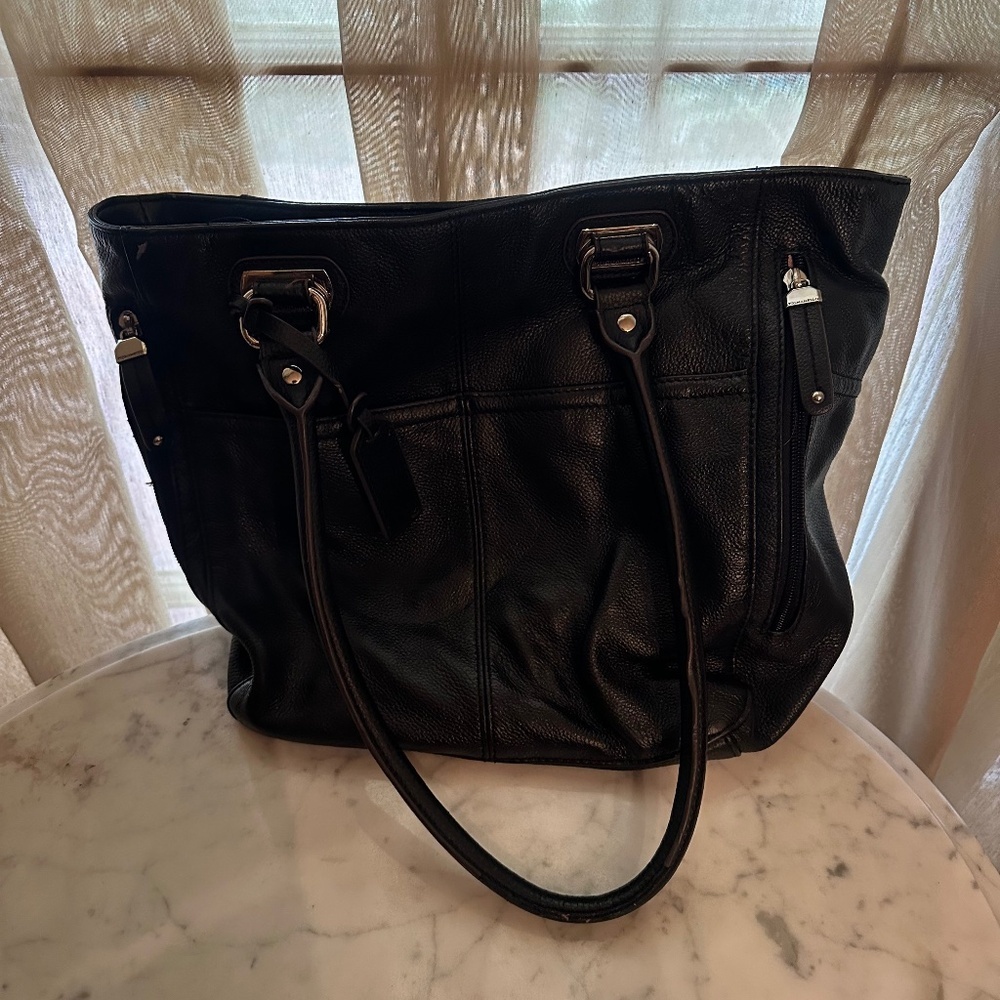 Tignanello Black Pebbled Leather Tote, Multi-Compartment Work Handbag